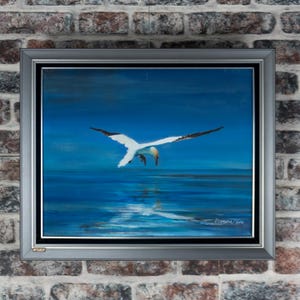 Möwe Vogel. Original Ölgemälde Fluss. Wald Landschaft. Vintage Truthahn-Landschaft. Gerahmt. Art Déco.