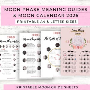 Folhas guia imprimíveis das fases da Lua // Pôster com o significado das fases da Lua // Calendário lunar imprimível de 2026 // Calendário lunar de 2026