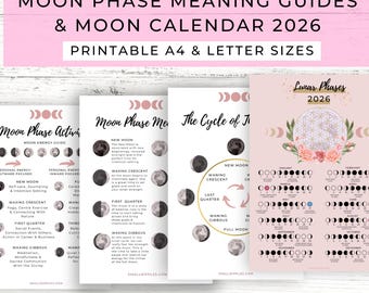 Moon Phase Printable Guide Sheets // Moon Phase Meaning Poster // Printable Moon Phase Calendar 2026 // Lunar Calendar 2026