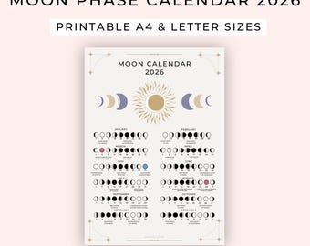 Moon Calendar 2026 | Printable Moon Calendar | Moon Calendar Poster | Lunar Calendar 2026