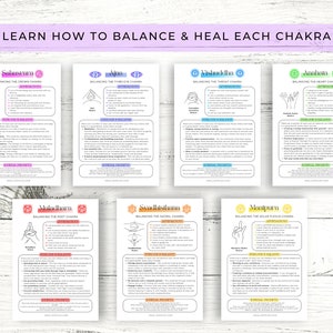 May include: A printable guide to balancing and healing each chakra. The guide includes affirmations, color, and journal prompts for each chakra. The chakras are: Sahasrara, Ajna, Vishuddha, Anahata, Muladhara, Svadhisthana, and Manipura.
