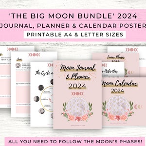 Moon Journal & Calendar 2024 Printable // Moon Phase Calendar // Moon Poster // Lunar Calendar // Moon Printable Bundle image 1