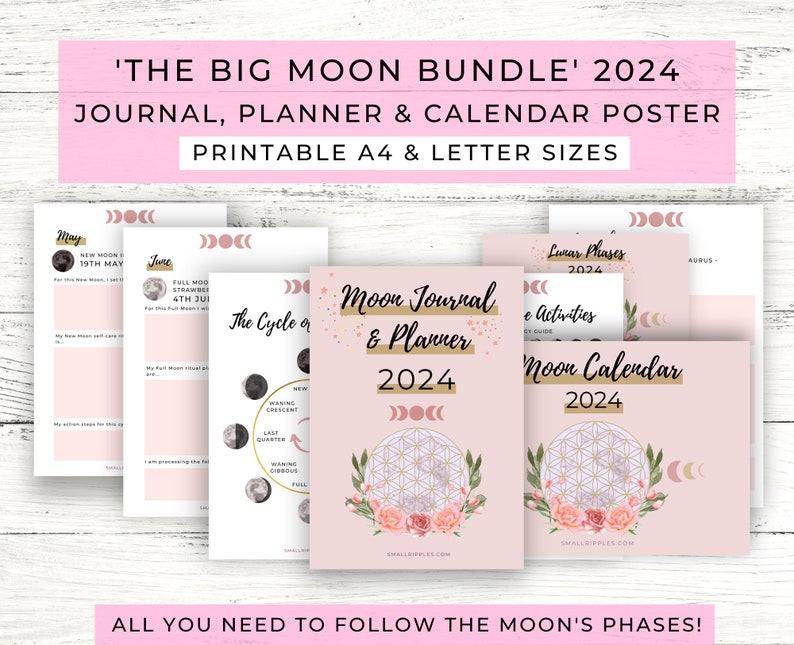 Moon Journal & Calendar 2024 Printable // Moon Phase Calendar // Moon Poster // Lunar Calendar // Moon Printable Bundle image 1