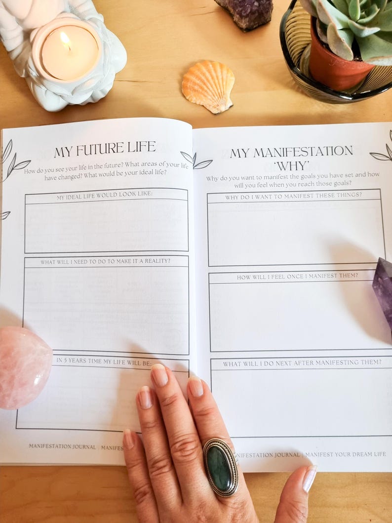 May include: An open journal with the title "My Future Life" and "My Manifestation 'Why'" on the pages. The journal has prompts for reflection and goal setting. The journal is on a wooden surface with a pink crystal, a seashell, and a small potted succulent.