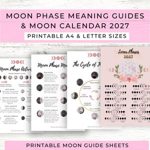 Könnte beinhalten: Ein Set aus druckbaren Mondphasen-Ratgebern und einem Mondkalender für 2027. Die Dokumente zeigen schwarzen Text auf weißem und rosafarbenem Hintergrund, Mondzyklus-Diagramme, florale Illustrationen und den Text Moon Phase Meaning Guides & Moon Calendar 2027 Printable A4 & Letter Sizes.