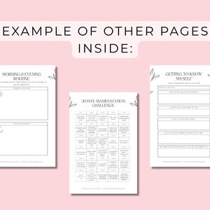 May include: Three printable pages for a self-care journal. The first page is titled "Morning & Evening Routine" and has space to write down morning and evening routines. The second page is titled "30 Day Manifestation Challenge" and has a grid of 30 squares with prompts for daily affirmations. The third page is titled "Getting to Know Myself" and has prompts for self-reflection.