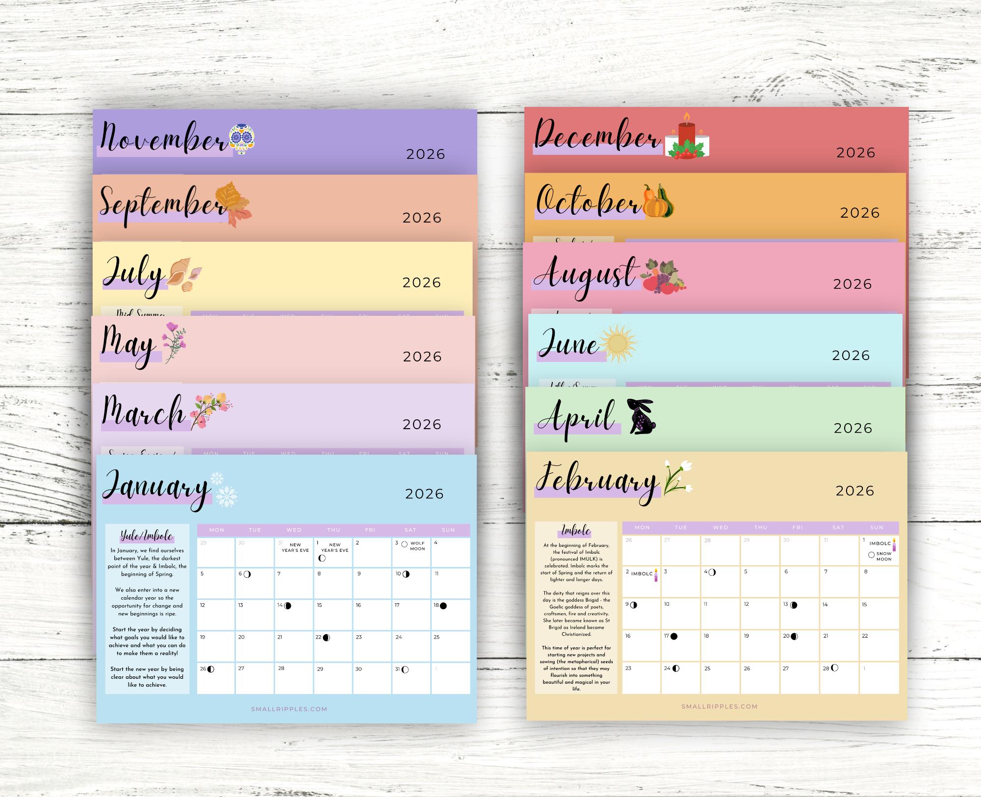 Wheel of the Year 2026 Calendar Printable // Moon Calendar 2026 ...