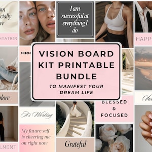 May include: A vision board kit printable bundle featuring a collage of lifestyle images, including a person using a laptop, a beach at sunset, white roses, and text overlays such as I am financially free, Manifestation, and Blessed & Focused.