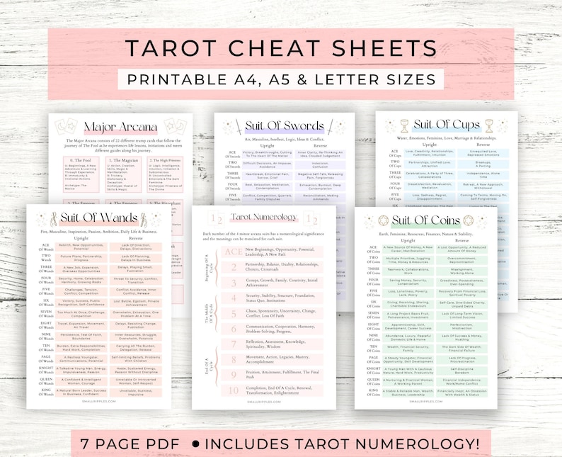 May include: Tarot cheat sheets with the text "TAROT CHEAT SHEETS" and "PRINTABLE A4, A5 & LETTER SIZES". The sheets provide information on Major Arcana, Suit of Swords, Suit of Cups, Suit of Wands, Tarot Numerology, and Suit of Coins. Includes a 7-page PDF.