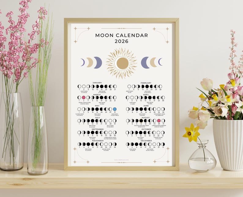 Moon Journal Planner Printable 2026 // Moon Calendar Poster 2026 ...