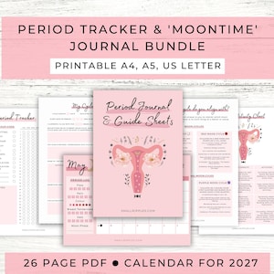 Może przedstawiać: Zestaw do druku zawierający dziennik i tracker cyklu menstruacyjnego z różowymi stronami oraz kwiatowymi ilustracjami macicy. Zestaw zawiera tracker, przewodnik po cyklach księżycowych i kalendarz na 2027 rok. Tekst: Period Tracker, Moontime, Journal.