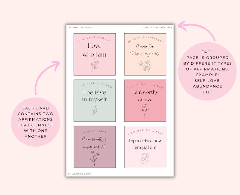 May include: Printable affirmation cards with pink, green, and light brown backgrounds. Each card features two affirmations with floral illustrations. The affirmations include phrases like "I love who I am", "I believe in myself", "I am worthy of love", and "I appreciate how unique I am".