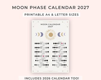 Calendrier lunaire 2027 | Calendrier lunaire imprimable | affiche de calendrier lunaire | Calendrier lunaire 2027