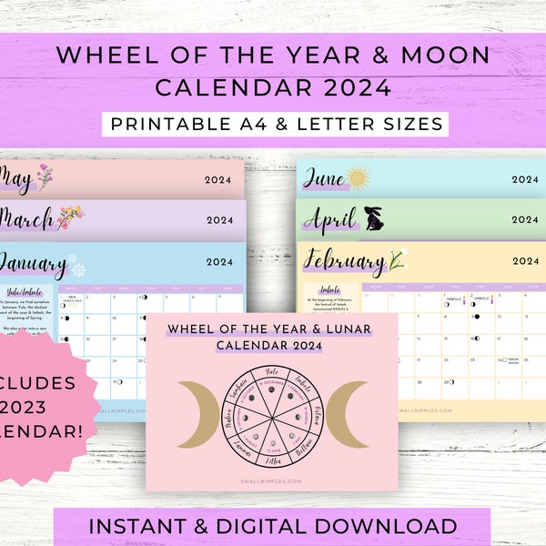 Wheel Of The Year 2024 Calendar Printable // Moon Calendar 2024 // Printable Calendar // Pagan Calendar // Northern Hemisphere // PDF