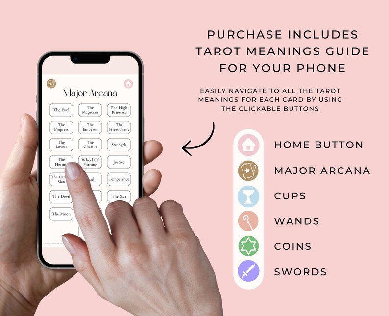 May include: A smartphone screen shows a tarot meanings guide with clickable buttons. The screen displays "Major Arcana" with card names such as "The Fool" and "The Magician." The text "Purchase Includes Tarot Meanings Guide For Your Phone" is also visible.
