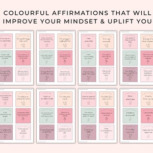 May include: A set of 36 printable affirmation cards with pink, green, and white backgrounds. The cards feature positive affirmations such as "I am powerful" and "I am grateful for my health".