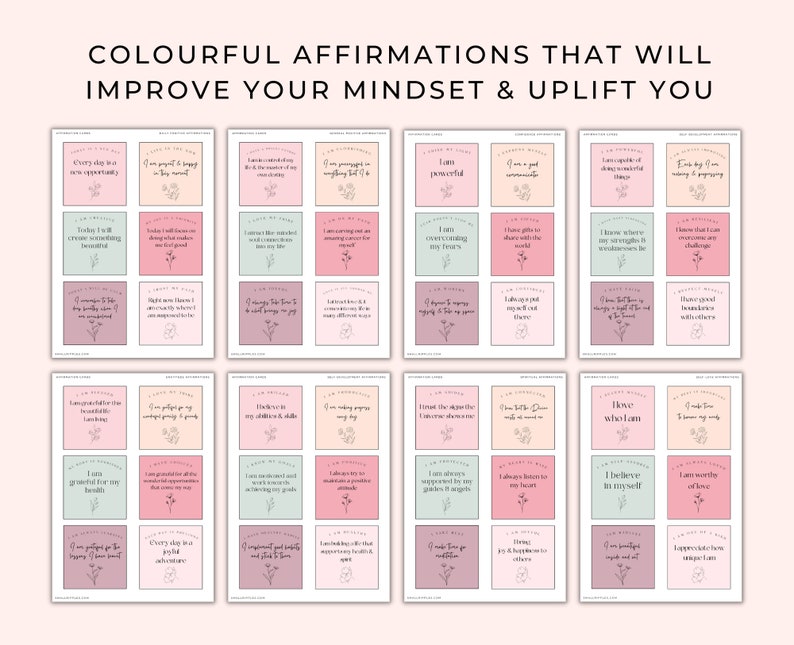 May include: A set of 36 printable affirmation cards with pink, green, and white backgrounds. The cards feature positive affirmations such as "I am powerful" and "I am grateful for my health".
