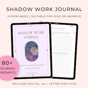 May include: A digital Shadow Work Journal with a moon and cloud graphic on the cover. The journal is designed for self-development and reflection, and includes over 80 journal prompts. Suitable for iPad or Android. Includes digital, A4, and letter size files.