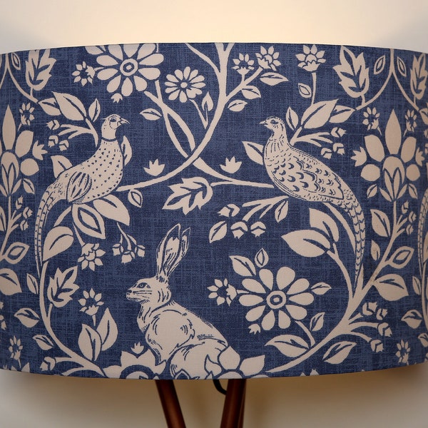 Modern Contemporary Unique  Fabric Drum Lampshade Ceiling Pendant Indigo Blur Rabbits Birds  Handmade Bespoke Home Gift