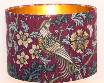 Reduced to sell **Modern Contemporary Unique  Fabric Drum Lampshade Ceiling Pendant Birds Flowers Red Gold tones  Handmade Bespoke Home Gift