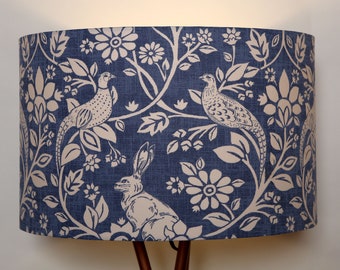 Modern Contemporary Unique  Fabric Drum Lampshade Ceiling Pendant Indigo Blur Rabbits Birds  Handmade Bespoke Home Gift