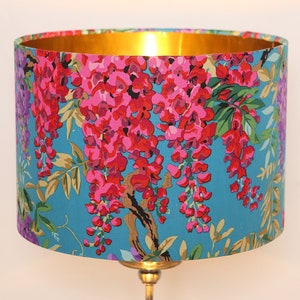 Abat-jour tambour en tissu, contemporain et unique, pendentif plafond, fleurs de glycine, cadeau pour la maison sur mesure, fait main, or