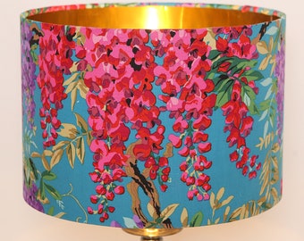 Modern Contemporary Unique  Fabric Drum Lampshade Ceiling Pendant Wisteria flowers Colourful Gold Handmade Bespoke Home Gift