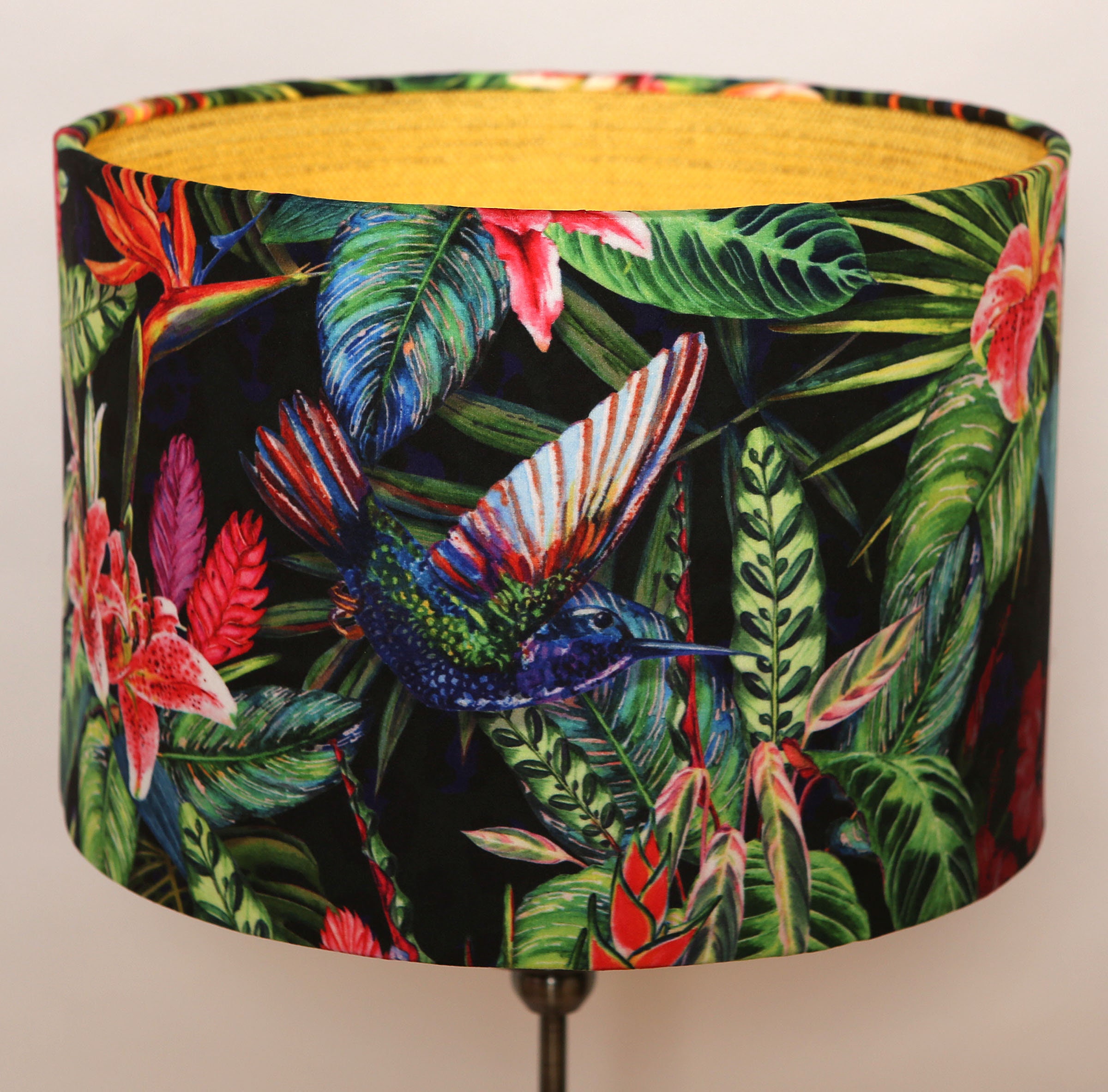 Handmade Lampshade Velvet Hummingbird Jungle Fabric Drum Gold