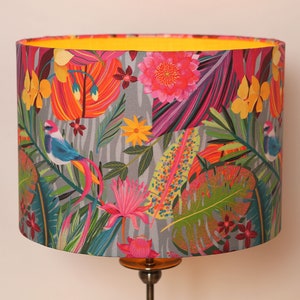 Modern Contemporary Unique  Fabric Drum Lampshade Ceiling Pendant Colourful Birds Flowers Leaves Handmade Bespoke Home Gift Gold