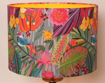 Modern Contemporary Unique  Fabric Drum Lampshade Ceiling Pendant Colourful Birds Flowers Leaves Handmade Bespoke Home Gift Gold