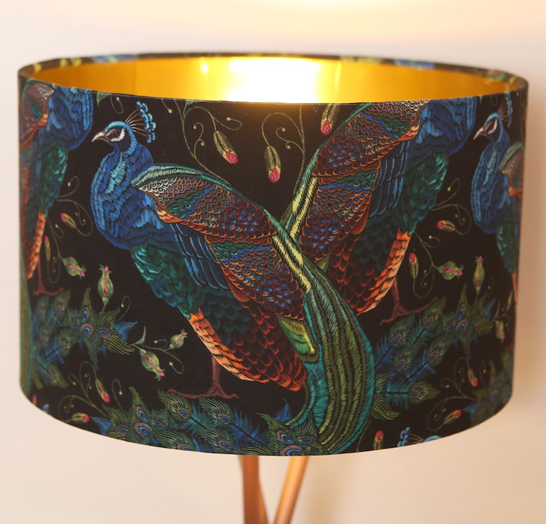 BEST SELLER Handmade Lampshade, Stunning velvet Peacock Fabric, Vibrant, Colourful, Modern Contemporary, Gold mirror image 1