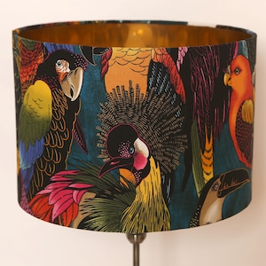 Modern Contemporary Unique  Fabric Drum Lampshade Ceiling Pendant Exotic Birds  Handmade Bespoke Home Gift Gold