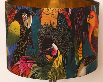 Modern Contemporary Unique  Fabric Drum Lampshade Ceiling Pendant Exotic Birds  Handmade Bespoke Home Gift Gold