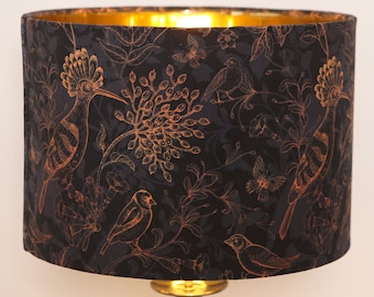 Modern Contemporary Unique Fabric Drum Lampshade Ceiling Pendant Exotic  Birds Black Gold Handmade Bespoke Home Gift