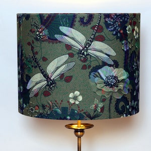 Velvet Modern Contemporary Unique  Fabric Drum Lampshade Ceiling Pendant Green Dragonfly Handmade Bespoke Home Gift Gold