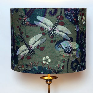 Abat-jour tambour moderne contemporain unique en velours, pendentif plafond libellule verte, cadeau fait main sur mesure pour la maison, or