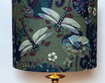 Velvet Modern Contemporary Unique  Fabric Drum Lampshade Ceiling Pendant Green Dragonfly Handmade Bespoke Home Gift Gold