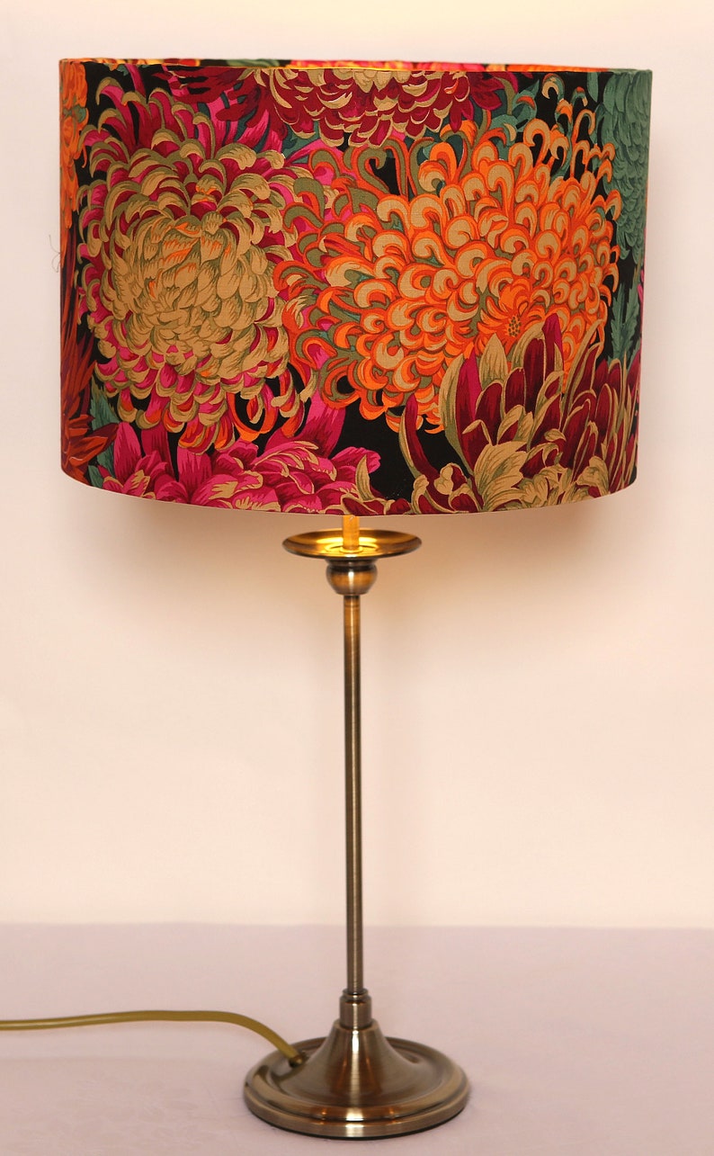 BESTSELLER Handgemaakte lampenkap, chrysant, bloemen, rood, oranje, groen, goud, modern en eigentijds afbeelding 4