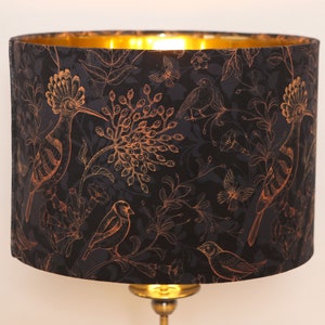 Modern Contemporary Unique  Fabric Drum Lampshade Ceiling Pendant Exotic Birds Black Gold Handmade Bespoke Home Gift