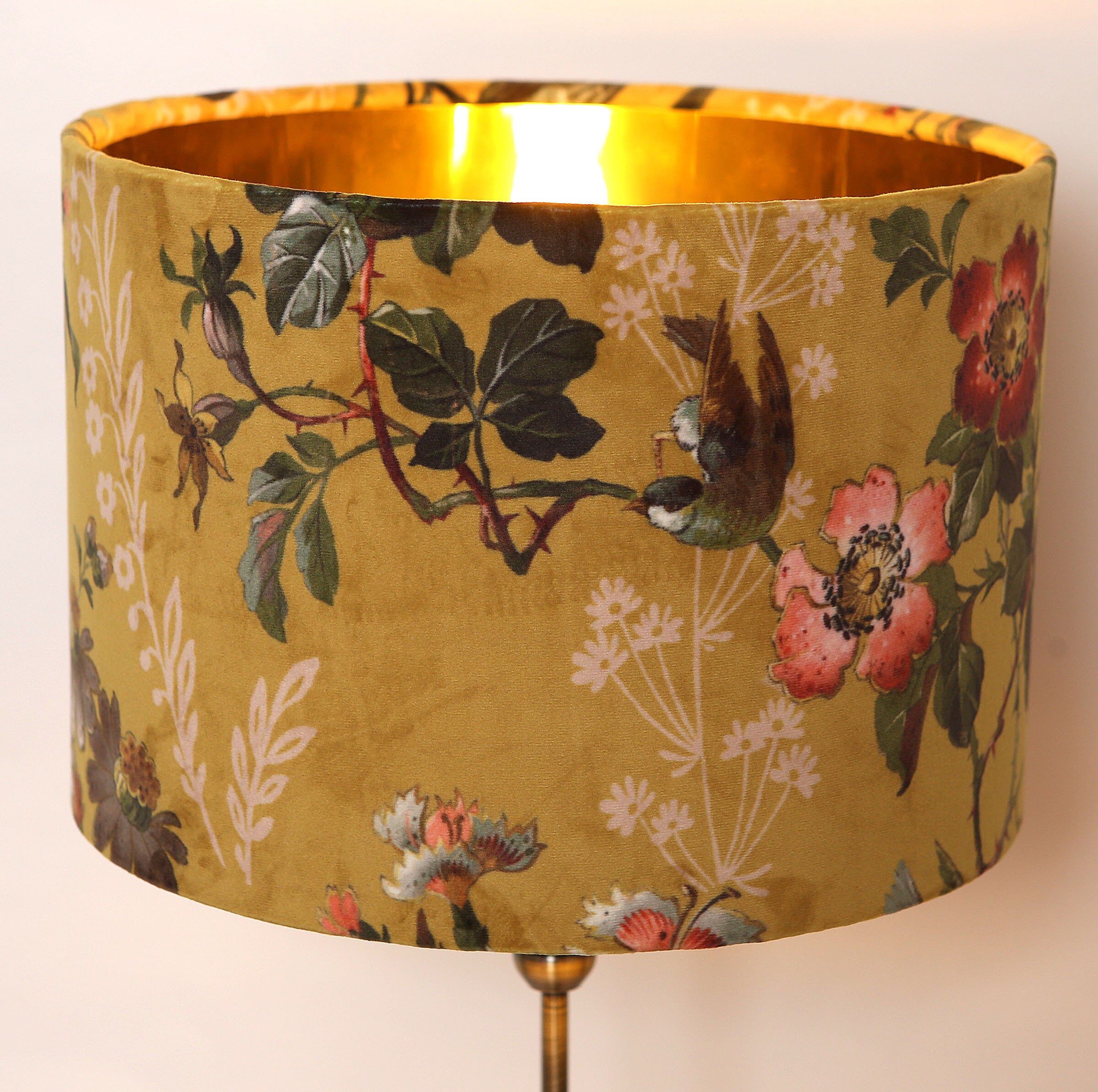 Beautiful Handmade Lampshade, Oasis yellow floral fabric with birds; …