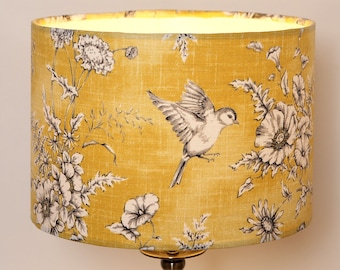 Handmade Lampshade Valentines Home gift Modern Contemporary Unique  Fabric Drum  Yellow Finch Toile Bespoke  Fabric lined