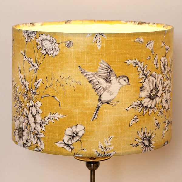 Handmade Lampshade Valentines Home gift Modern Contemporary Unique  Fabric Drum  Yellow Finch Toile Bespoke  Fabric lined