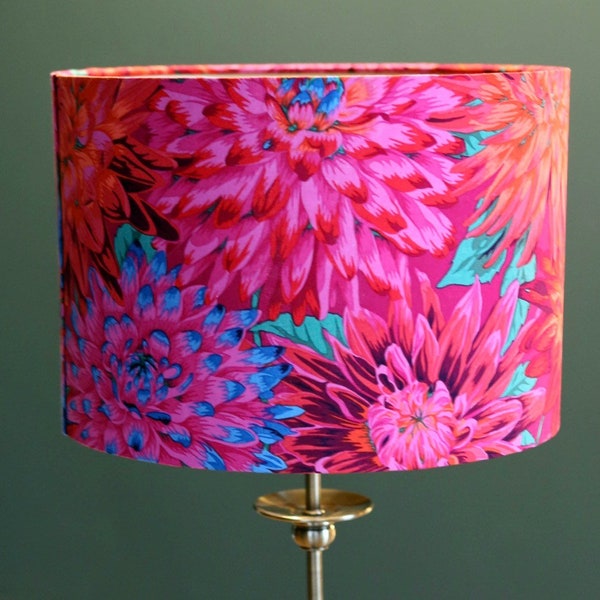 New ****Bespoke lampshade, ceiling pendant , floral, chrysanthemum, dahlia red, pink, blue green, home gift