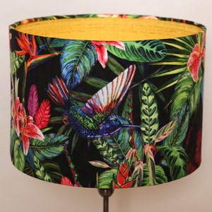 Handmade Lampshade, Velvet Hummingbird Jungle Fabric Drum, Gold home gift Modern Contemporary Unique