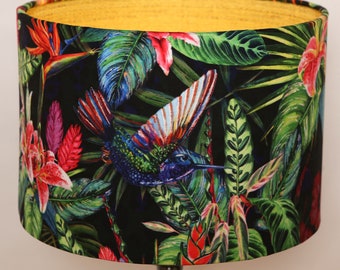 Handmade Lampshade, Velvet Hummingbird Jungle Fabric Drum, Gold home gift Modern Contemporary Unique