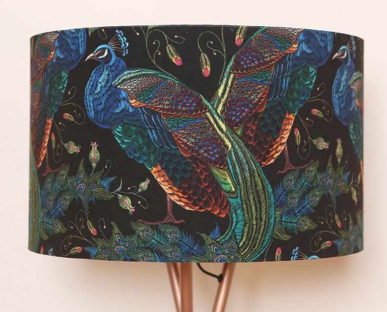 BEST SELLER Handmade Lampshade, Stunning velvet Peacock Fabric, Vibrant, Colourful, Modern Contemporary, Gold mirror image 3