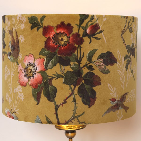 Last one ****Beautiful Handmade Lampshade, Oasis yellow floral fabric with birds; Velvet, Gold Mirror, Modern, Contemporary, Timeless