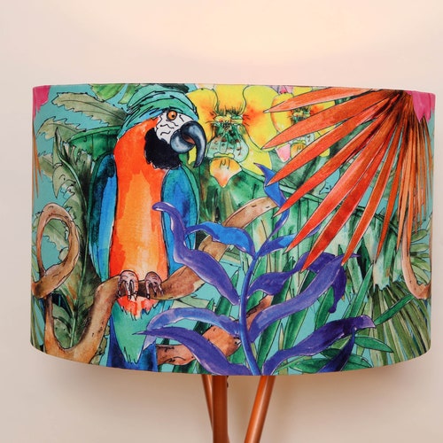 Handmade Velvet online lampshade, Colourful Tropical Parrots, Modern and Contemporary,