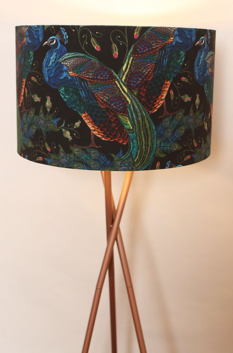 BEST SELLER Handmade Lampshade, Stunning velvet Peacock Fabric, Vibrant, Colourful, Modern Contemporary, Gold mirror image 2