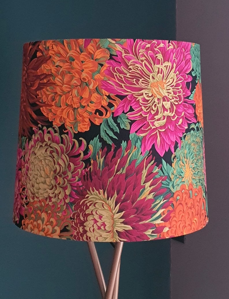 BESTSELLER Handgemaakte lampenkap, chrysant, bloemen, rood, oranje, groen, goud, modern en eigentijds afbeelding 3